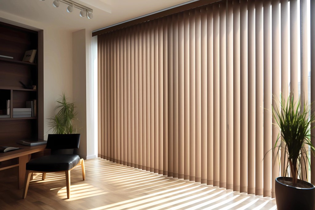 A sunlit office space with brown vertical blinds fully drawn across a large window. The blinds filter sunlight, casting warm patterns on the wooden floor. The room includes a modern black chair, a built-in bookshelf, and potted greenery.